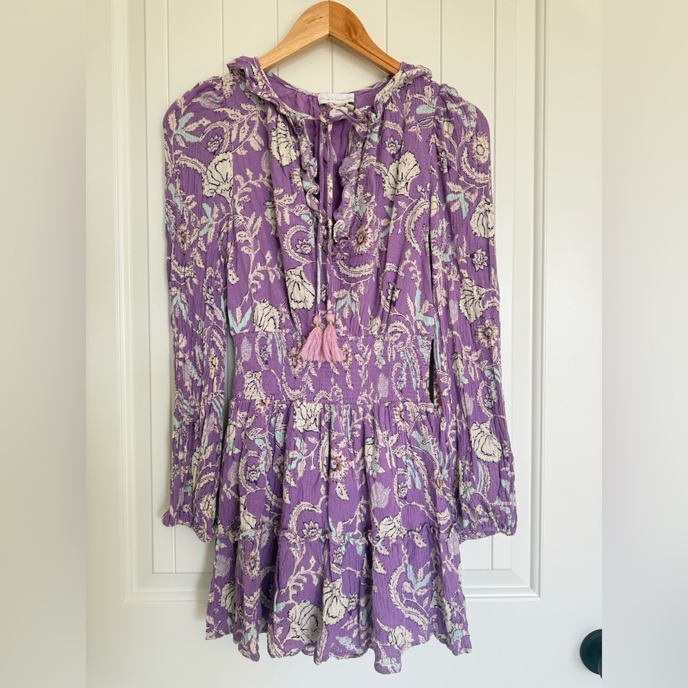 House of Harlow 1960 Purple Paisley Ruffled Boho Mini Dress Tassel Smocked - Picture 8 of 9